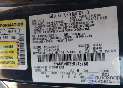2014 Ford Fusion Se from USA, damaged, VIN 3FA6P0HD2ER148760